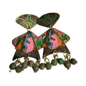 Earrings – Vintage 1980s Hand-Painted Abstract Dangle Studs